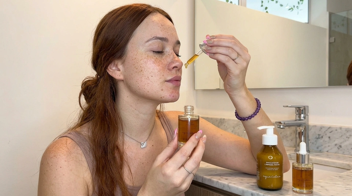 Mujer realizando rutina de skincare natural, demostrando como cuidar la piel en invierno con productos de origen vegetal de AguaCalma en Argentina