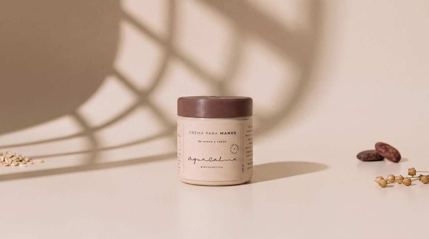 Nuevo envase de PLA de origen vegetal para la crema de manos de avena y cacao de AguaCalma