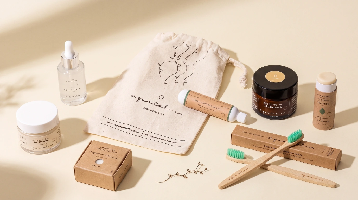 Muestras y productos de cosmética natural para revender con la marca AguaCalma, ideal para un nuevo emprendimiento
