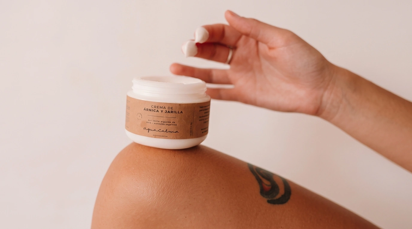 Textura de la crema corporal natural de árnica y jarilla de AguaCalma Biocosmética, formulada con plantas argentinas para el alivio muscular.
