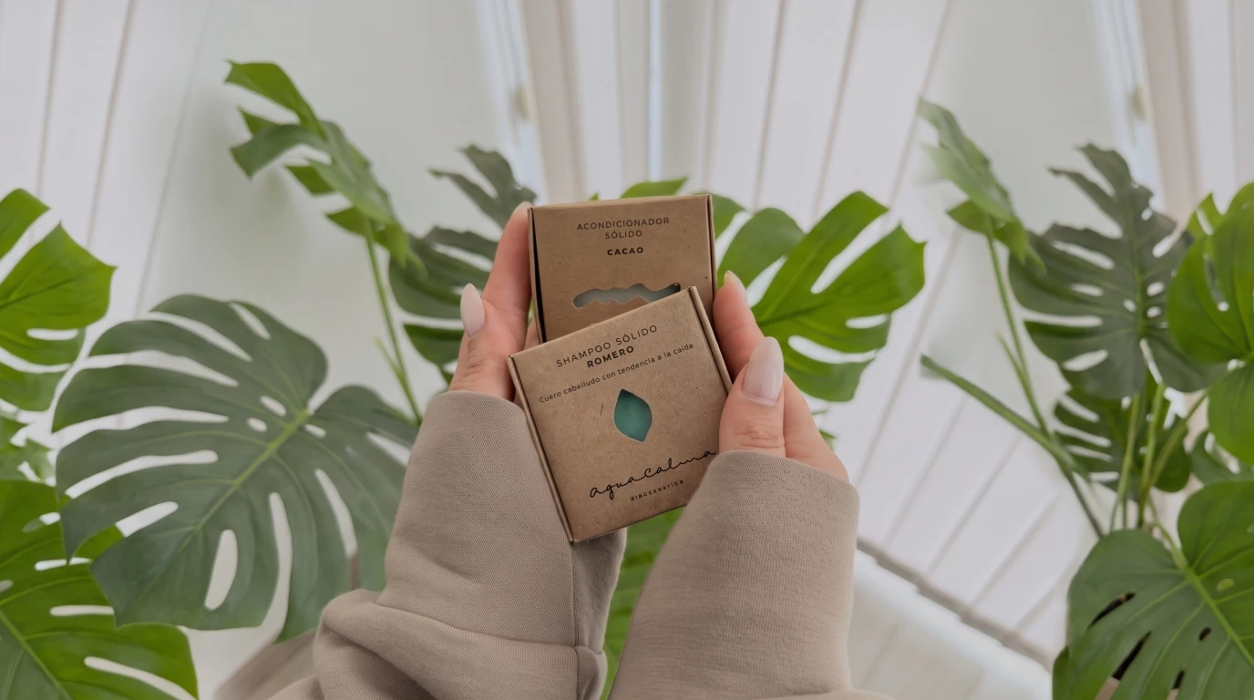 Mujer sosteniendo shampoo sólido de romero AguaCalma, destacando los beneficios para el cabello, control de sebo y cosmética natural en Argentina