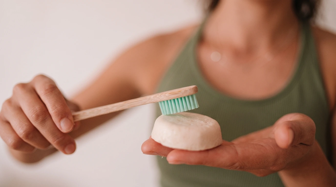 Dentífrico natural de AguaCalma Biocosmética junto a un cepillo de bambú, opciones ecológicas para el cuidado bucal en Argentina.